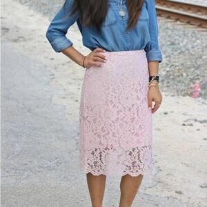 Rachel Parcell | Women’s Pencil Skirt Pink Venetian Lace High Waist Floral Rose